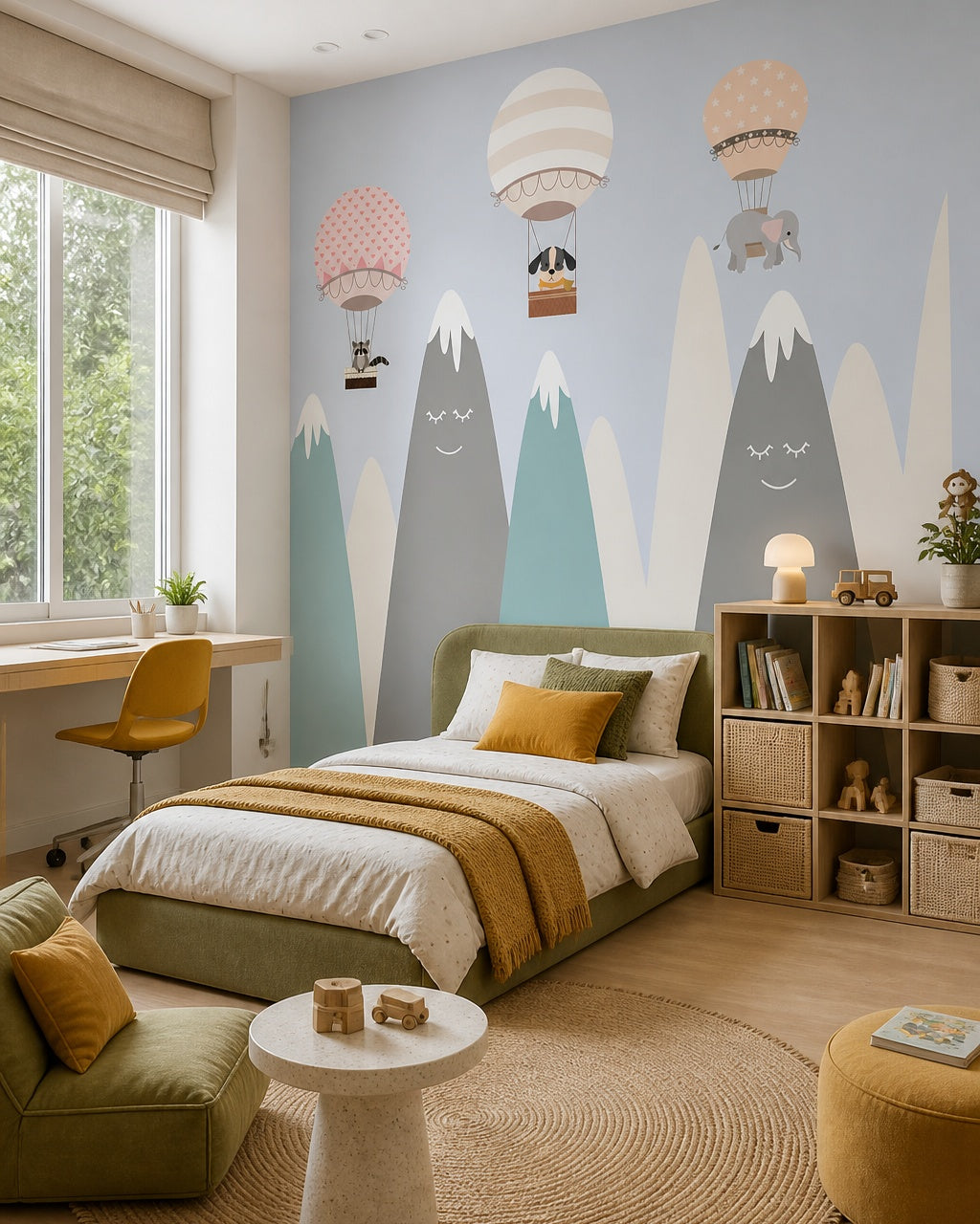 Animal balloon adventures kids room wallpaper in a boy’s bedroom.