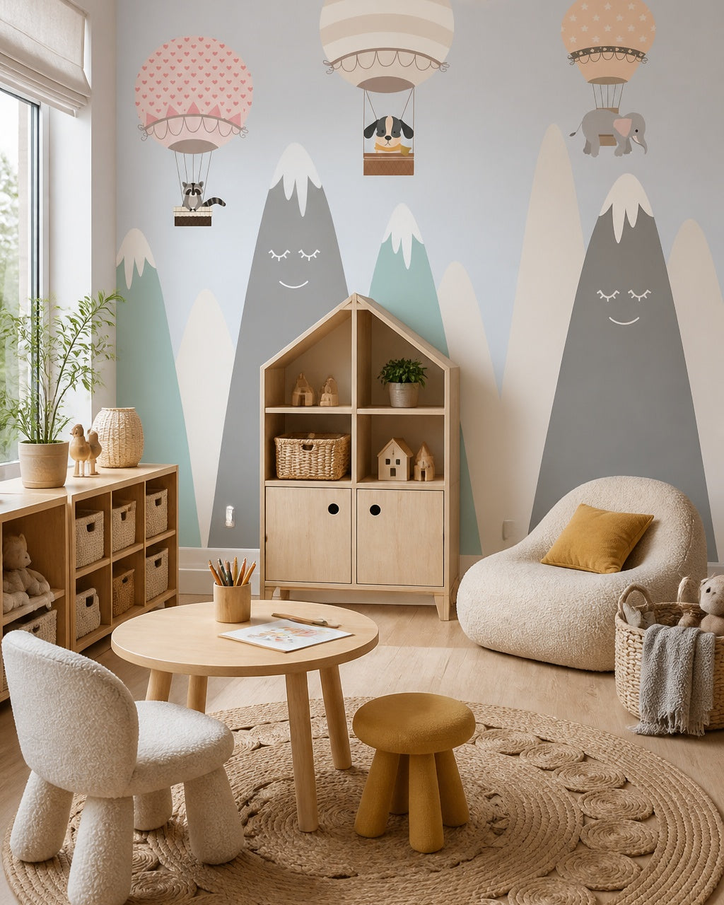 Animal balloon adventures kids room wallpaper in a children’s playroom.