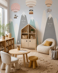Animal balloon adventures kids room wallpaper in a children’s playroom.