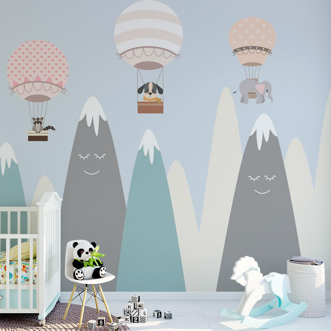 Kids Wall Murals Scandinavian Mountains Adventure Balloon Wallpaper for Kids