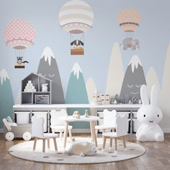 Custom Kids Wall Murals Scandinavian Mountains Adventure Balloon Wallpaper for Kids