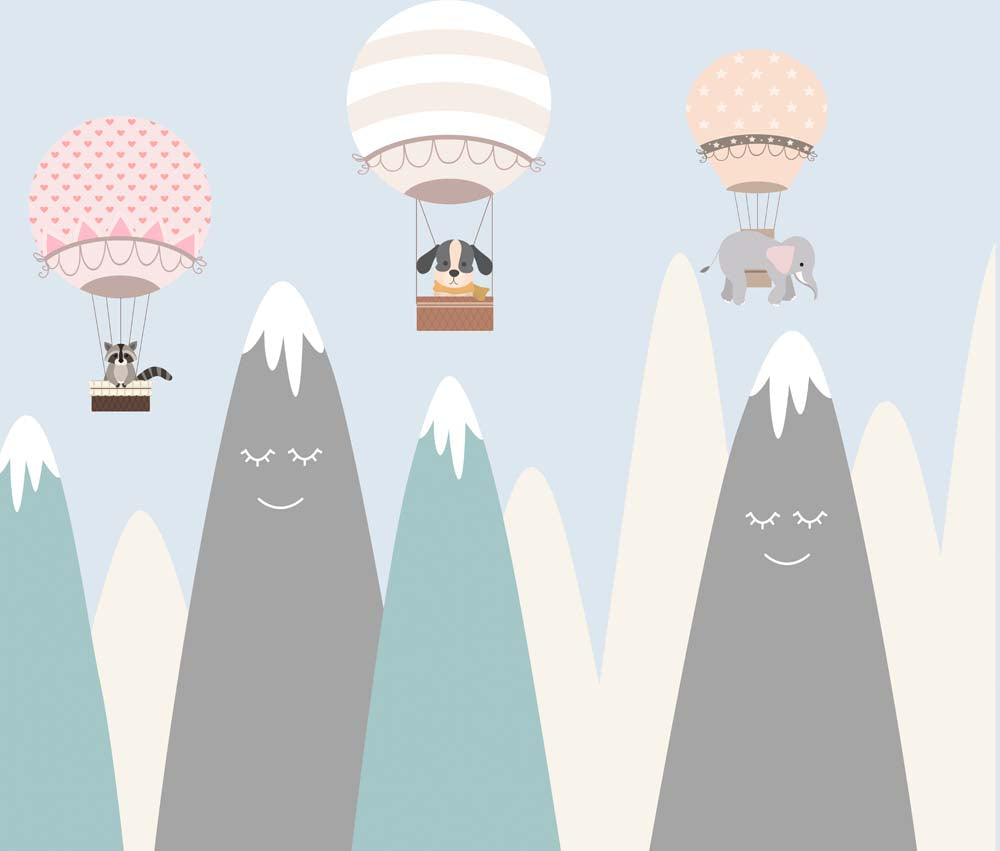 Papier peint aventures d’animaux en montgolfière pour chambre d’enfant