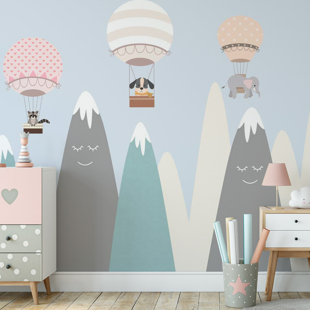 Kids Wall Murals Scandinavian Mountains Adventure Balloon Wallpaper for Kids