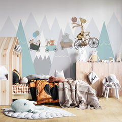 Custom Wall Murals Funny Animals Scandinavian Mountains Adventure Wallpaper for Kids