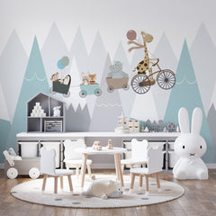 Custom Wall Murals Funny Animals Scandinavian Mountains Adventure Wallpaper for Kids