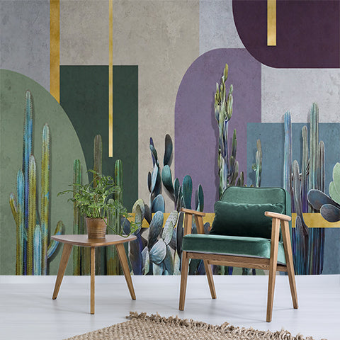 Modern Abstract Cactus Wall Mural with Geometric Shapes and Gold Accents