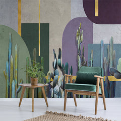 Custom Modern Abstract Cactus Wall Mural with Geometric Shapes and Gold Accents