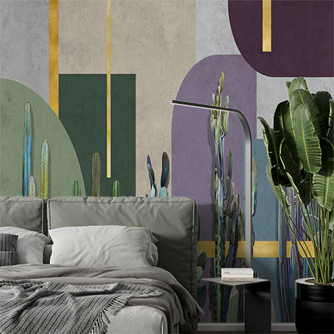 Modern Abstract Cactus Wall Mural with Geometric Shapes and Gold Accents