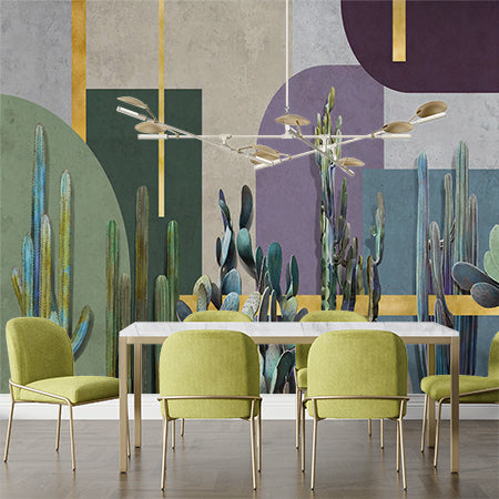 Modern Abstract Cactus Wall Mural with Geometric Shapes and Gold Accents