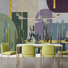 Custom Modern Abstract Cactus Wall Mural with Geometric Shapes and Gold Accents