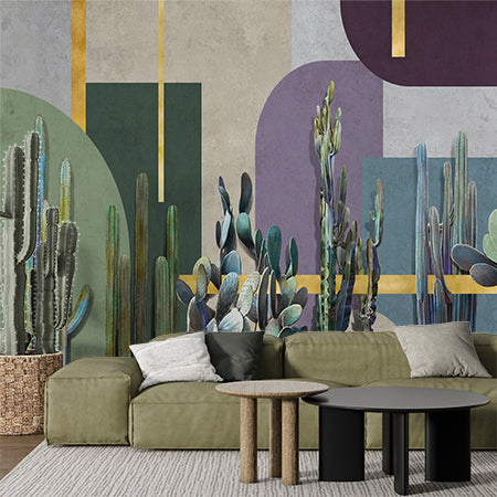 Modern Abstract Cactus Wall Mural with Geometric Shapes and Gold Accents