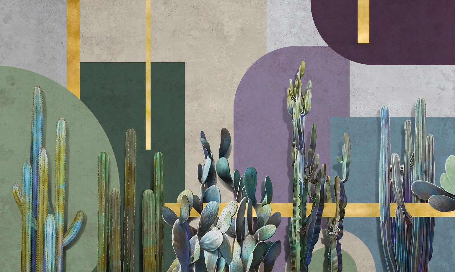 Modern Abstract Cactus Wall Mural with Geometric Shapes and Gold Accents