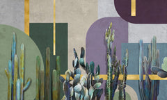 Custom Modern Abstract Cactus Wall Mural with Geometric Shapes and Gold Accents