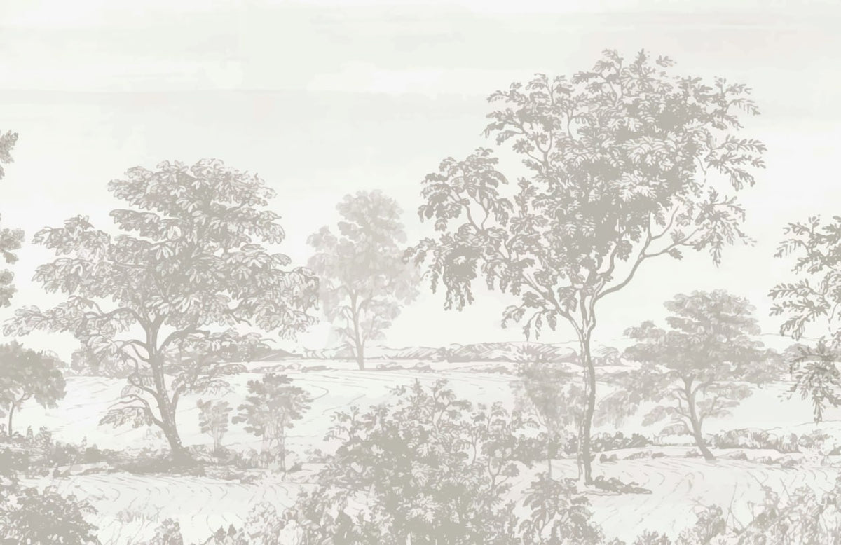 Grijs toile landschap behang – zachte gegraveerde bomen en meer fotobehang