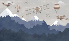 Custom Kids Wall Murals Dark Mountains Aircrafts Wallpaper for Kids