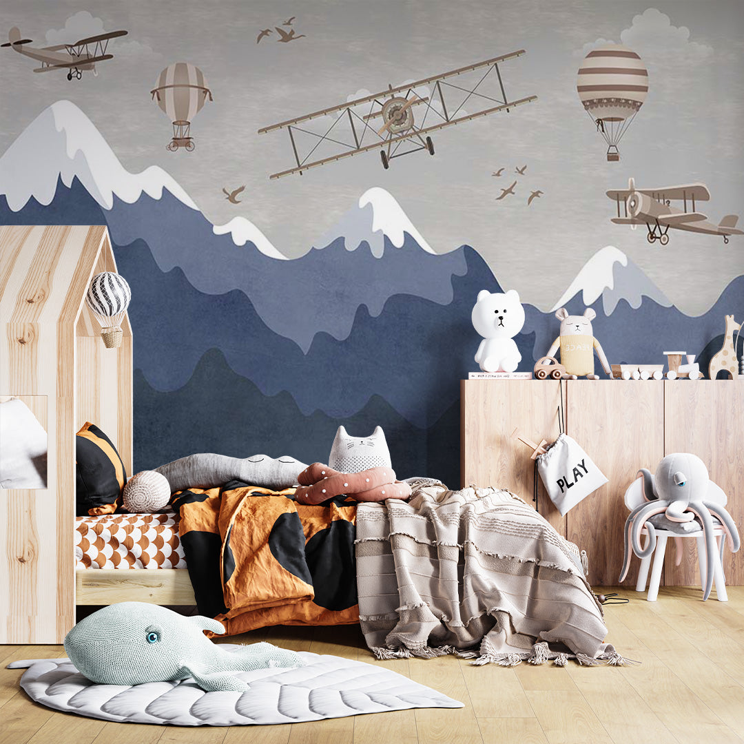 Kids Wall Murals Dark Mountains Aircrafts Wallpaper for Kids