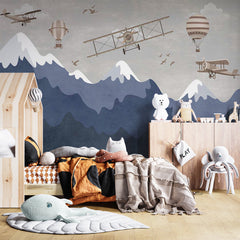 Custom Kids Wall Murals Dark Mountains Aircrafts Wallpaper for Kids