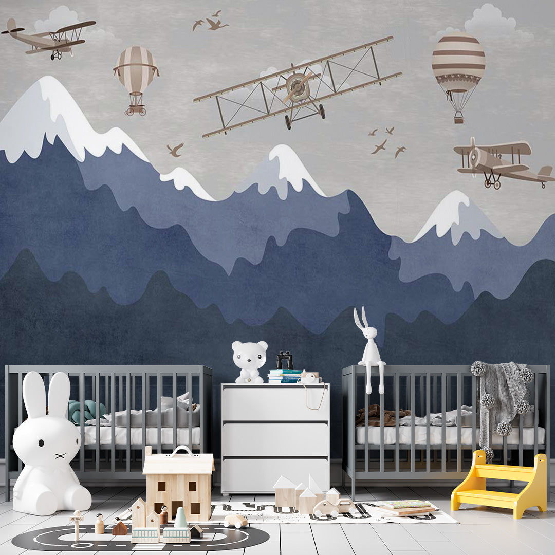 Kids Wall Murals Dark Mountains Aircrafts Wallpaper for Kids