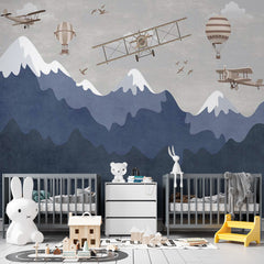 Custom Kids Wall Murals Dark Mountains Aircrafts Wallpaper for Kids