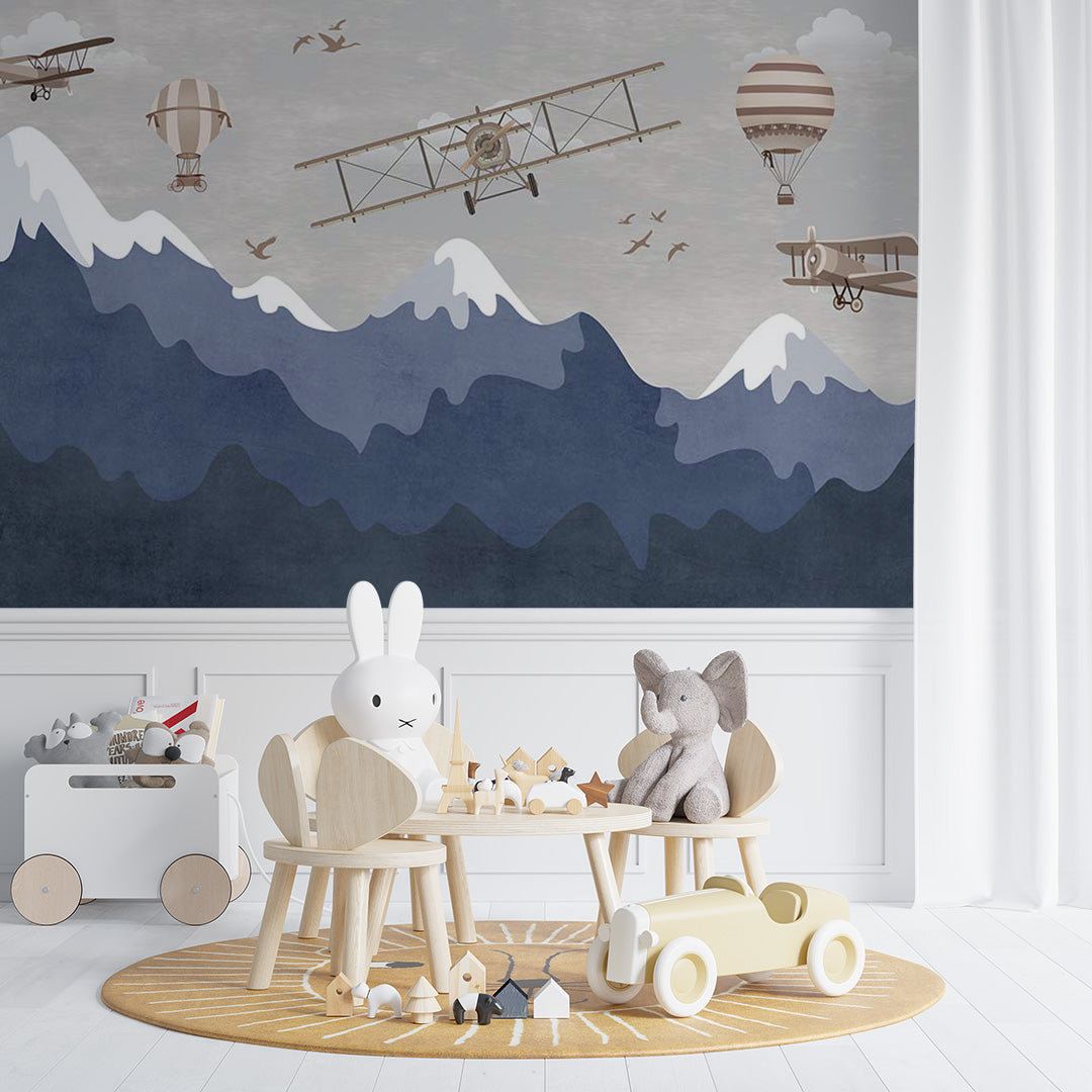 Kids Wall Murals Dark Mountains Aircrafts Wallpaper for Kids