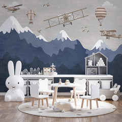 Custom Kids Wall Murals Dark Mountains Aircrafts Wallpaper for Kids