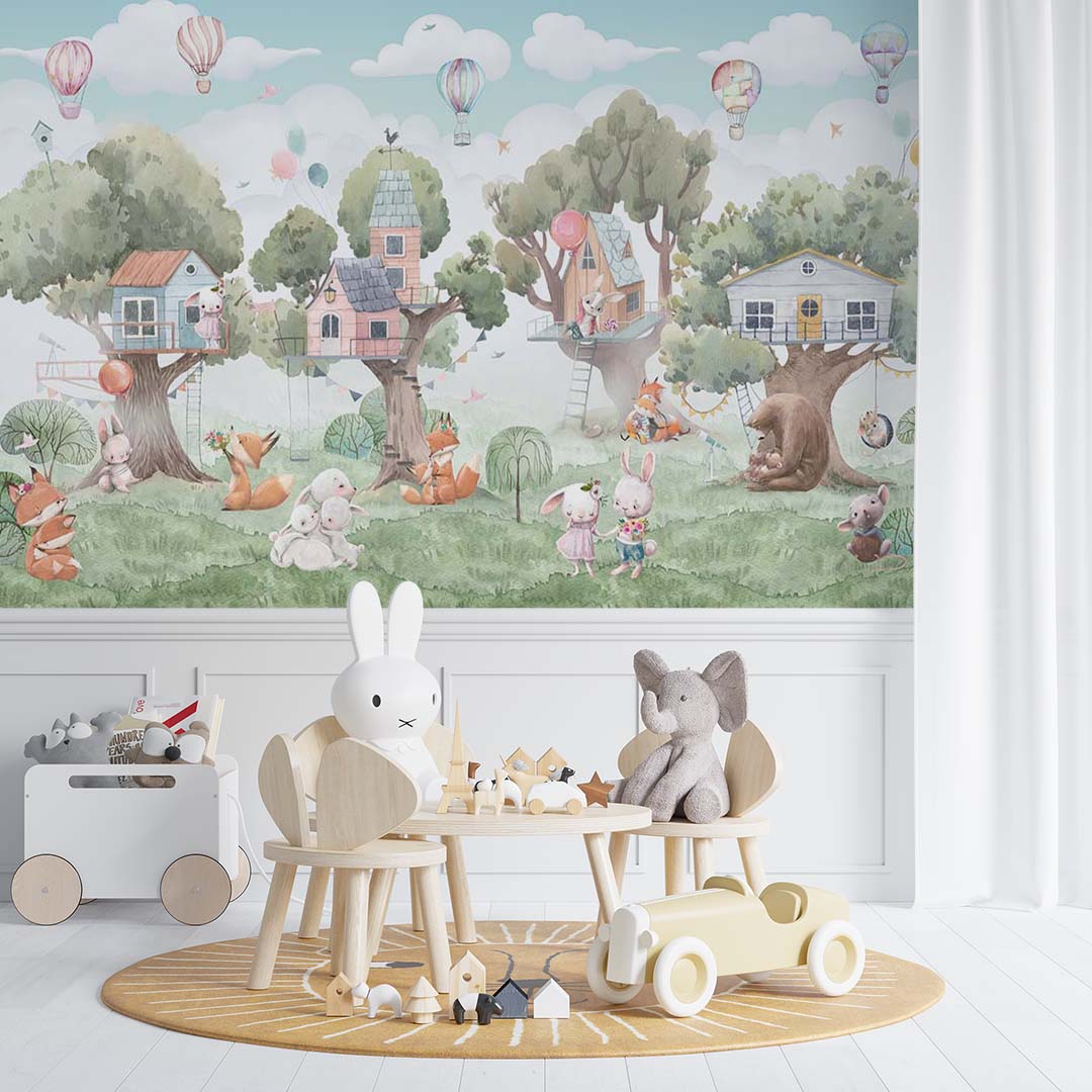 Kids Wall Mural Cartoon Animals Village on Trees Wallpaper for Kids Room