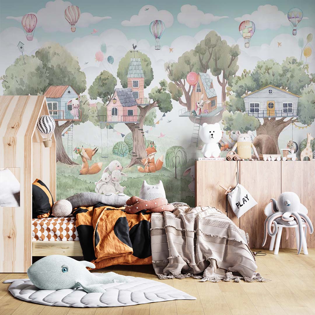 Kids Wall Mural Cartoon Animals Village on Trees Wallpaper for Kids Room