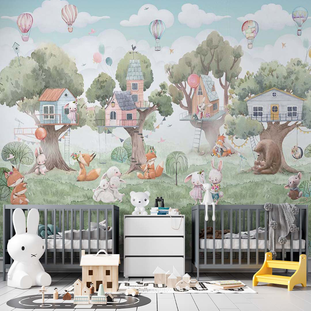 Kids Wall Mural Cartoon Animals Village on Trees Wallpaper for Kids Room