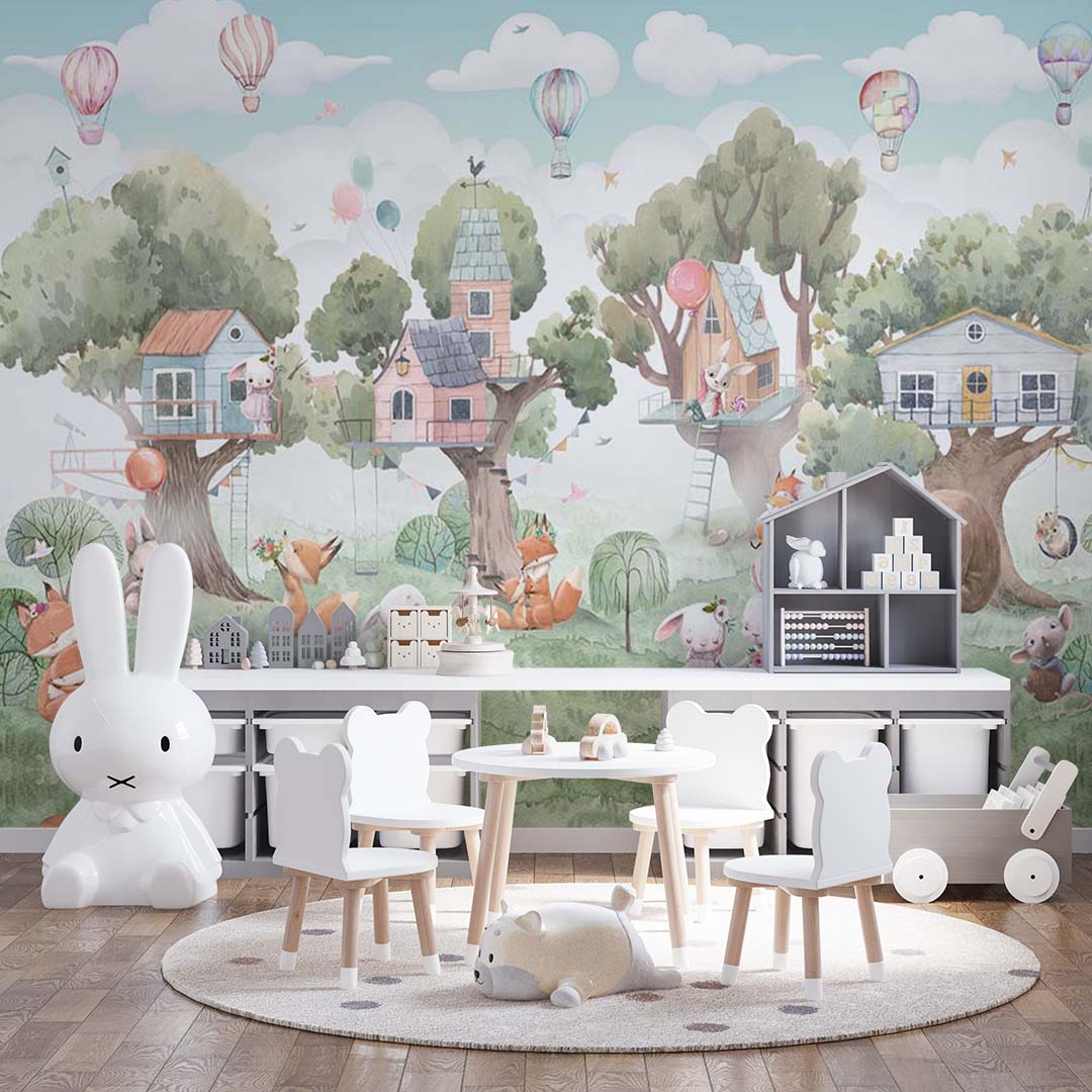 Kids Wall Mural Cartoon Animals Village on Trees Wallpaper for Kids Room