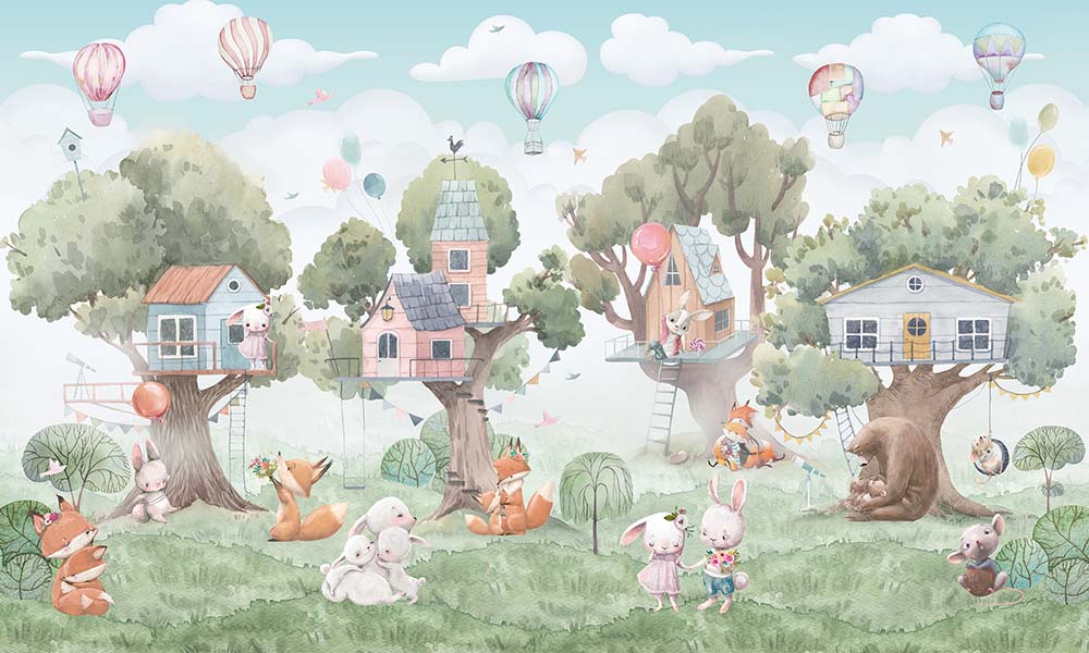 Wald-Baumhaus-Tapete – Kinder-Fototapete mit Hase, Fuchs und Bär