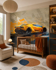 Yellow supercar wallpaper in a nursery with a wooden crib and a cream armchair.