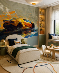 Yellow supercar wallpaper in a boy’s bedroom with a cream upholstered bed and built-in shelves.