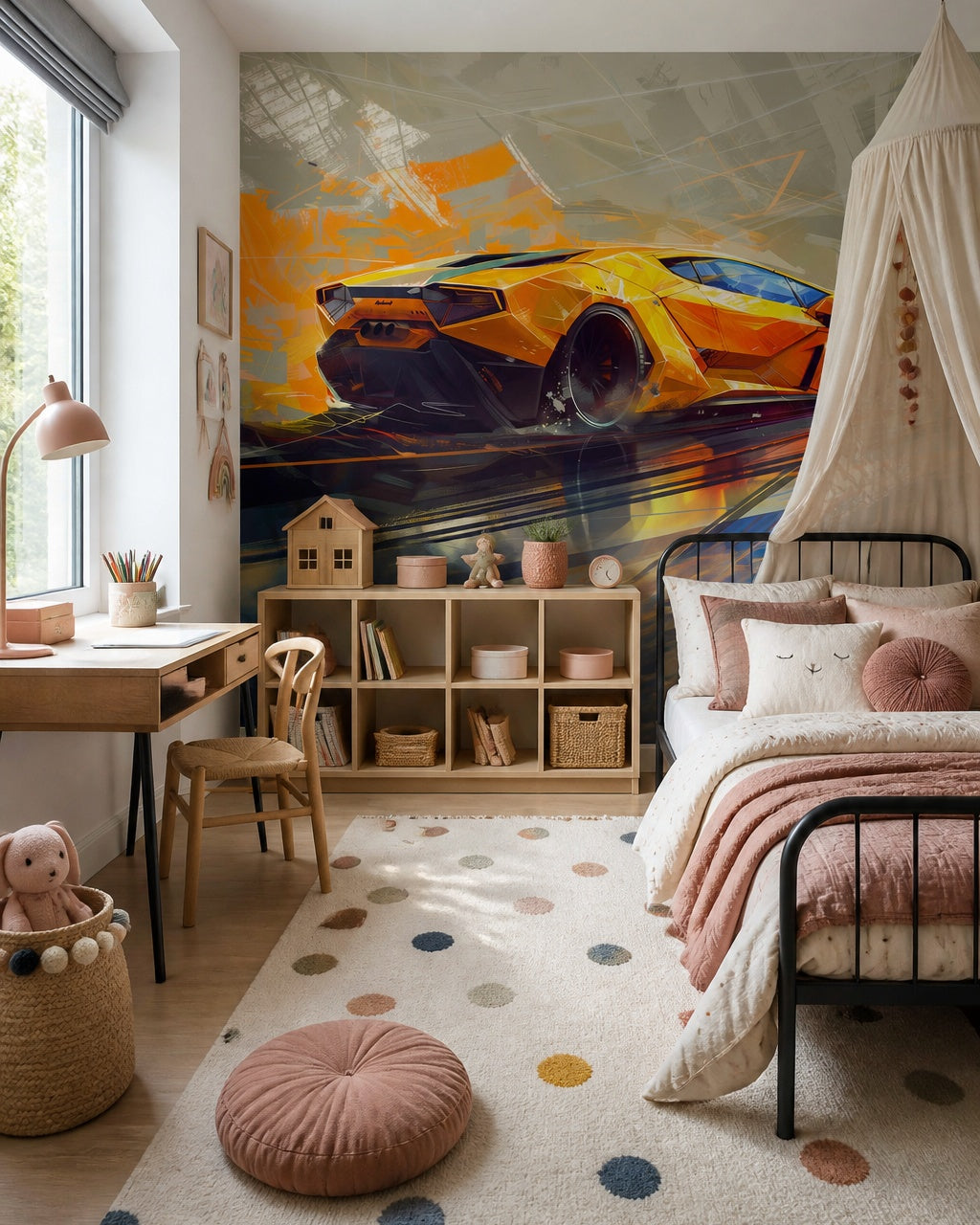 Yellow supercar wallpaper in a kids’ bedroom with a black metal bed and a canopy.