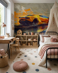 Yellow supercar wallpaper in a kids’ bedroom with a black metal bed and a canopy.