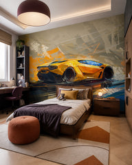 Yellow supercar wallpaper in a bedroom with a wooden bed and a built-in desk.