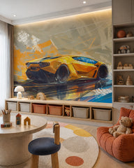 Yellow supercar wallpaper in a playroom with open shelving and toy storage.