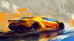 Yellow supercar wallpaper with an orange sports car in motion on a grey abstract background with blue brushstrokes.