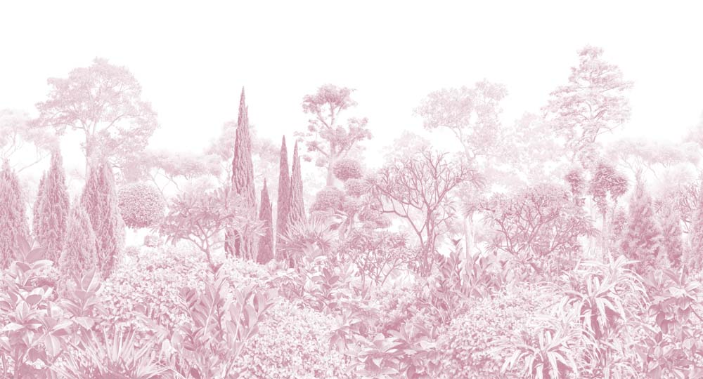 Roze toile tuin behang – rozegravure bomen landschap fotobehang