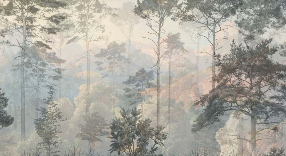 Papier peint forêt pastel brumeuse – Panoramique arbres picturaux bleu et pêche