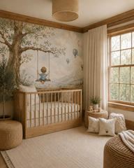 Blue nursery wallpaper featuring little boy on a tree swing, watercolor mountains, clouds, stars and hot air balloons behind a crib.