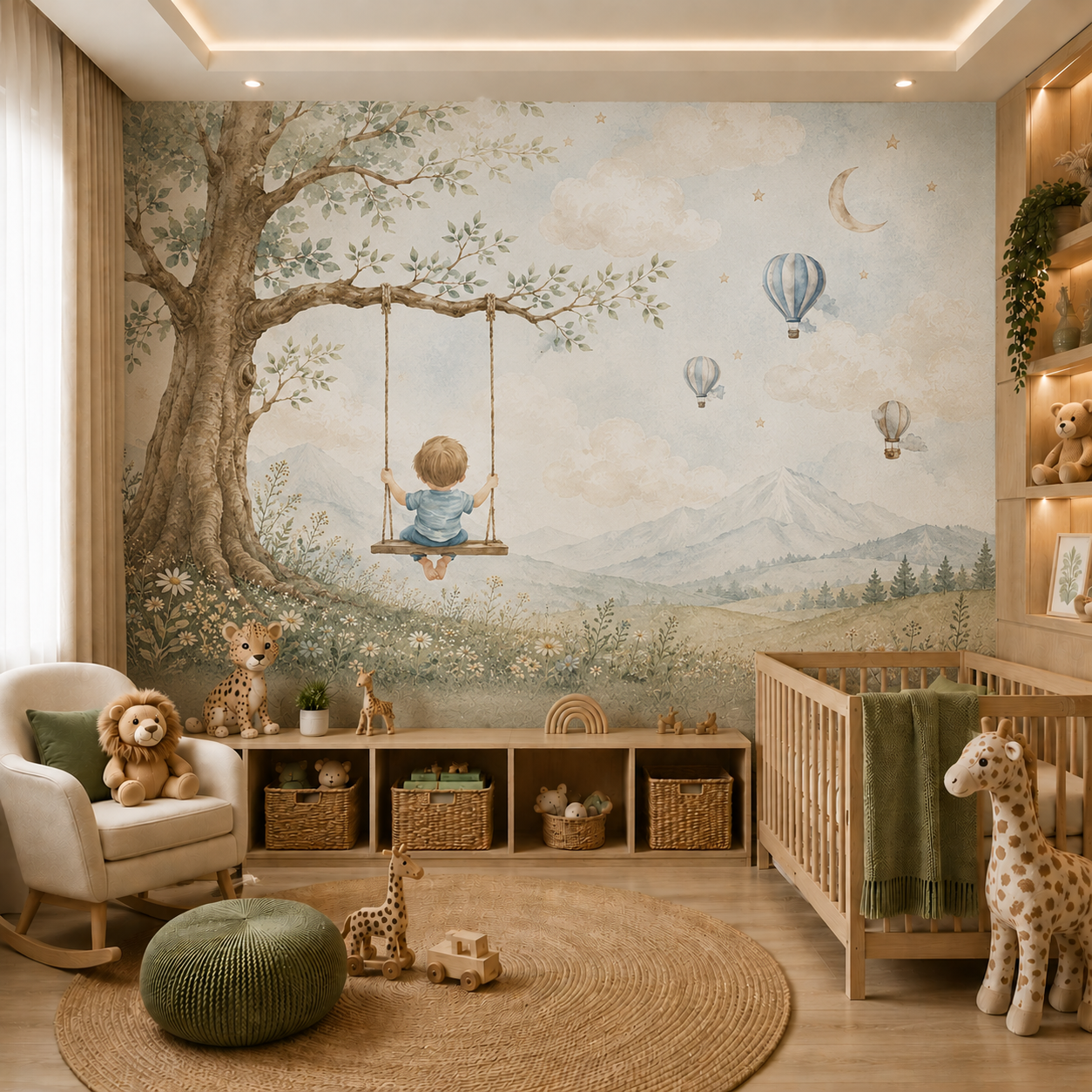 Boy on swing wallpaper mural with large tree, blue hot air balloons and soft mountain landscape in a neutral nursery.