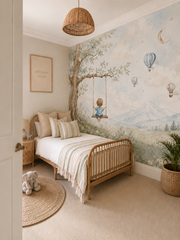 Boy swing wall mural with watercolor tree, soft blue sky, distant mountains and vintage hot air balloons in a cozy children’s bedroom.