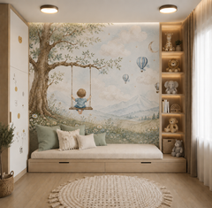 Neutral baby boy nursery mural with child on swing, blue hot air balloons, crescent moon, clouds and mountain landscape.