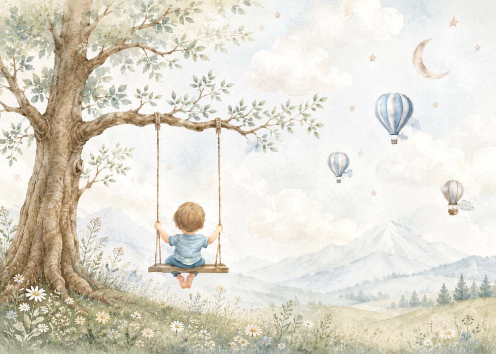 Adventure nursery wallpaper featuring a boy on a swing beneath a large tree with blue balloons and soft watercolor mountains.