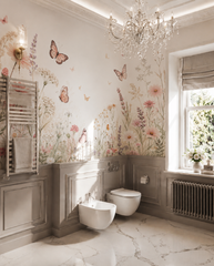 Watercolor wildflower meadow wallpaper in an elegant bathroom with marble floor and crystal chandelier.