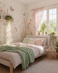 Watercolor wildflower meadow wallpaper in a bright bedroom with pink curtains and green throw.