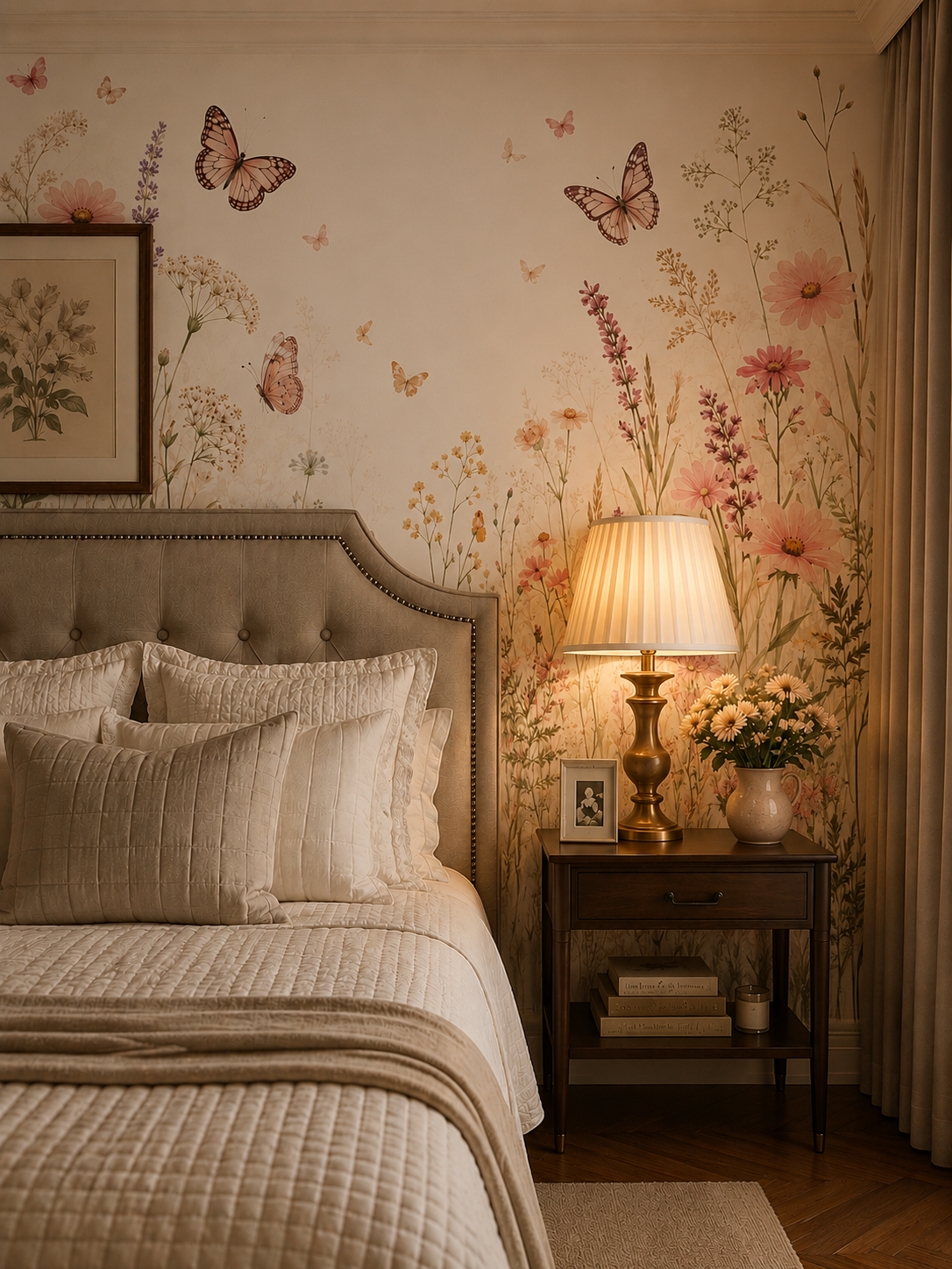 Watercolor wildflower meadow wallpaper behind a tufted headboard in a cozy bedroom.