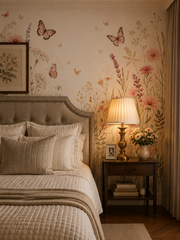 Watercolor wildflower meadow wallpaper behind a tufted headboard in a cozy bedroom.