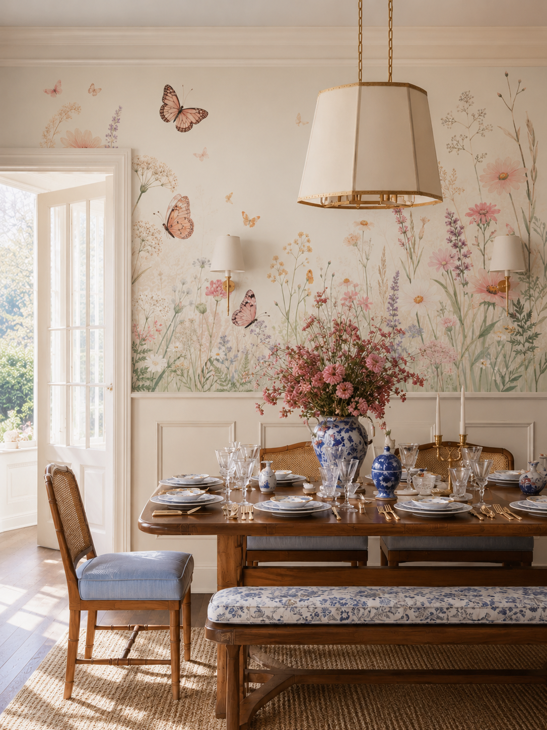 Watercolor wildflower meadow wallpaper in a cottage style dining room with blue and white decor.