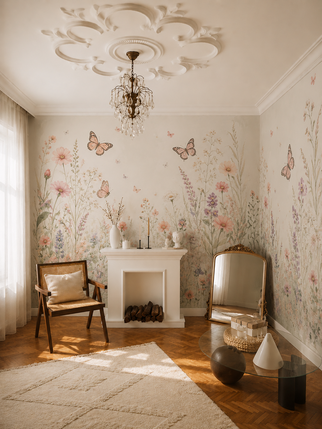 Watercolor wildflower meadow wallpaper in a classic living room with fireplace and ceiling rosette.
